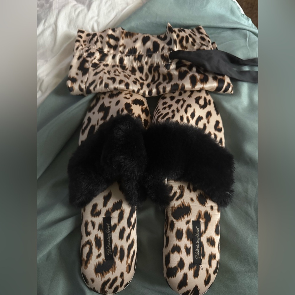 Victoria's Secret Leopard Print Slippers with Black Fur